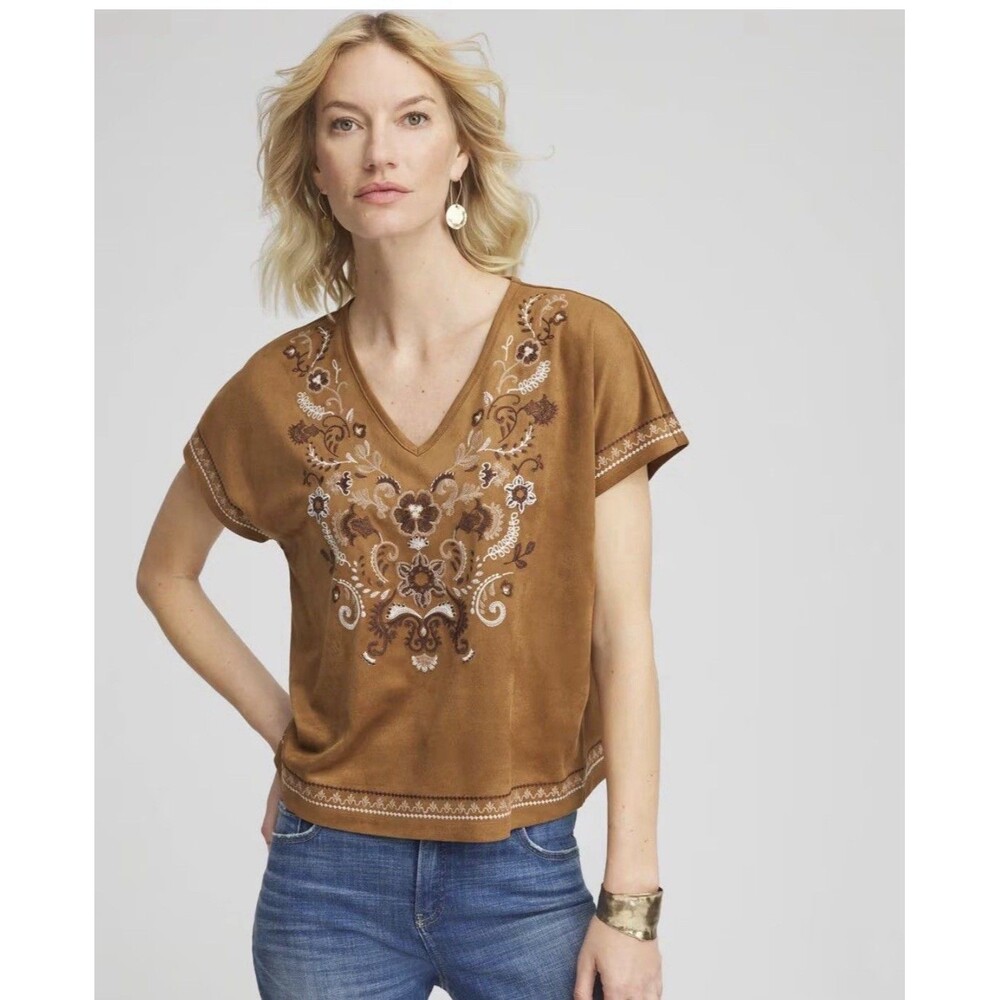 Chico's Embroidered Faux Suede Oversized Tee Brown Embroidered Size Small Boho